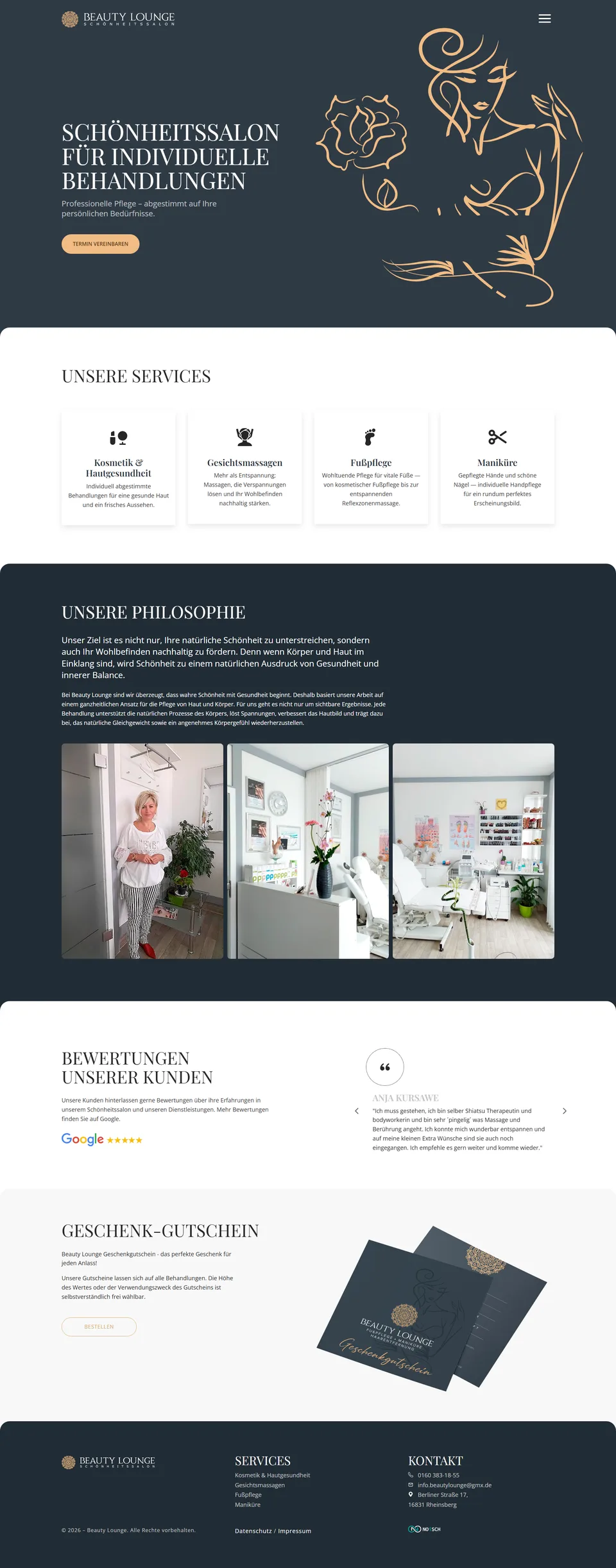 Startseite der Website von Beauty Lounge, vollständig