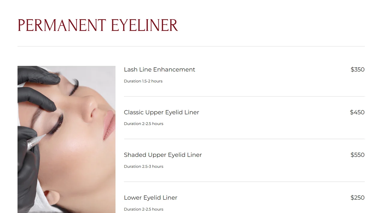 Preisliste für Permanent Eyeliner auf der Website von Bratton Permanent Makeup