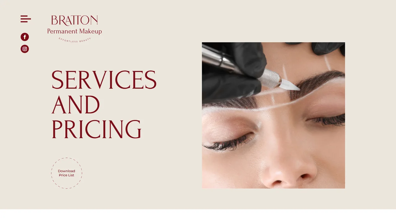 Seite Services and Pricing auf der Website von Bratton Permanent Makeup