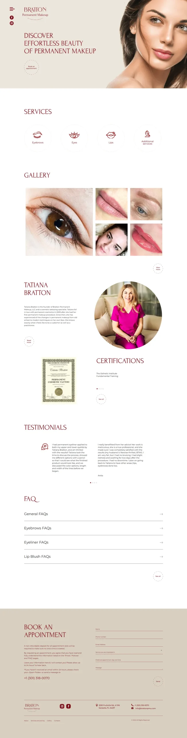 Startseite der Website von Bratton Permanent Makeup, vollständig
