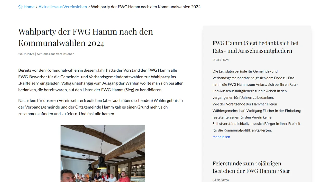 Beitrag über die Wahlparty 2024 auf der Website der FWG Hamm (Sieg)