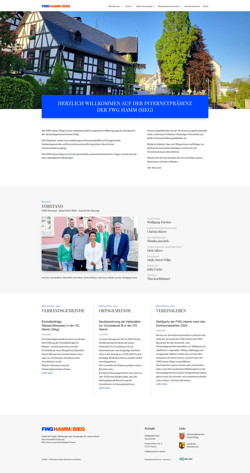 Startseite der Website der FWG Hamm (Sieg), vollständig