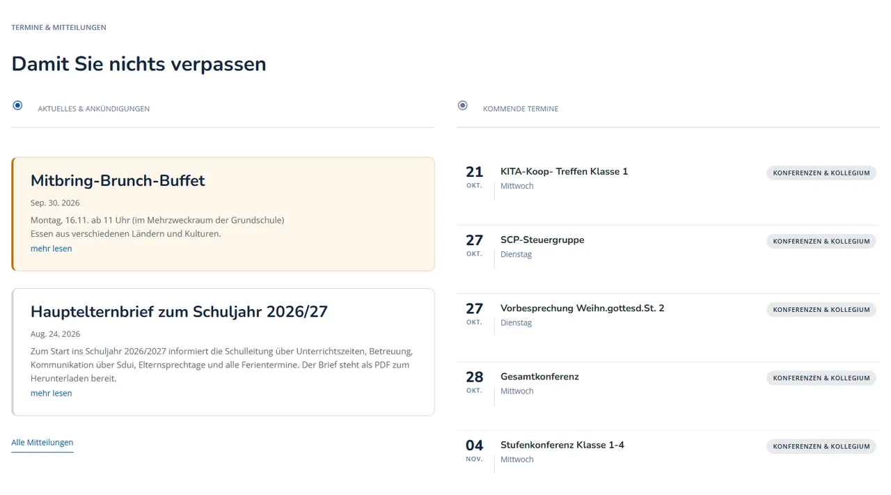 Aktuelle Mitteilungen und kommende Termine auf der Startseite der Grundschule