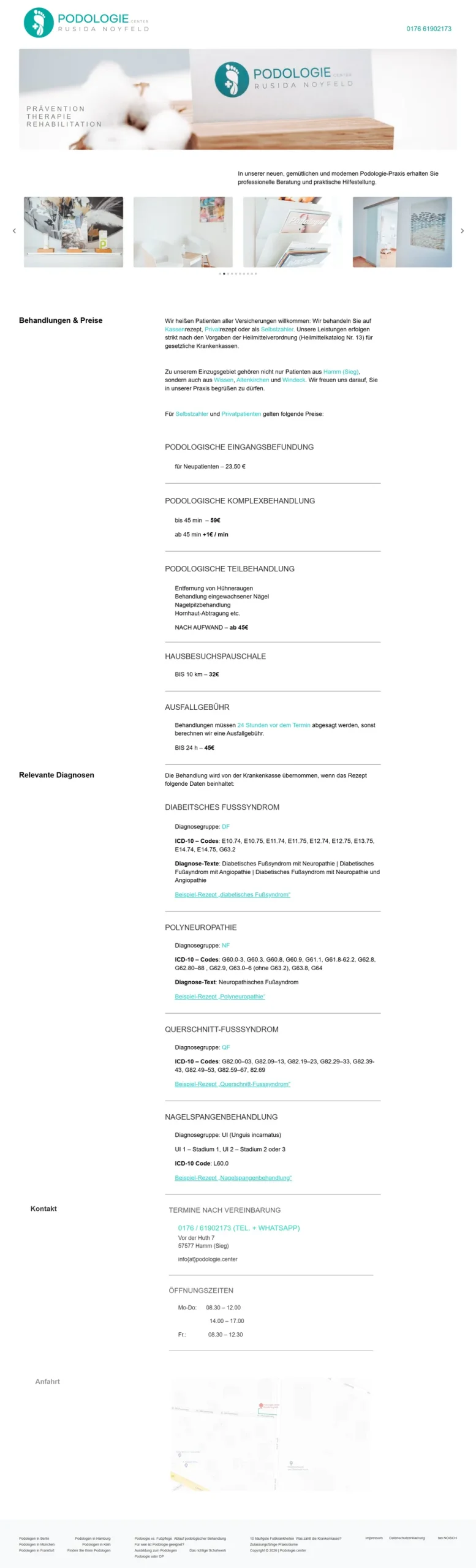 Startseite der Website von Podologie Center, vollständig