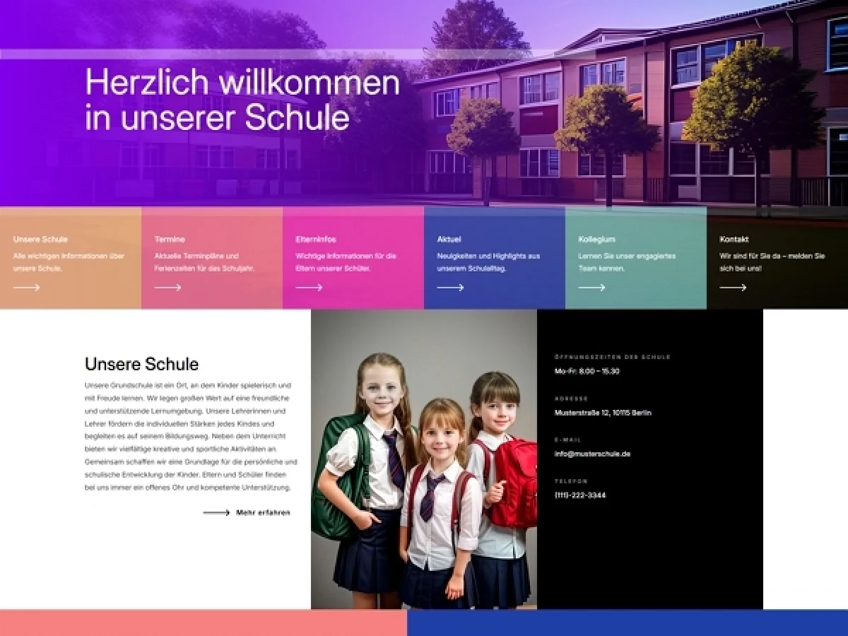 Vorlage für eine Grundschul-Website mit Terminen, Ganztag und Kollegium